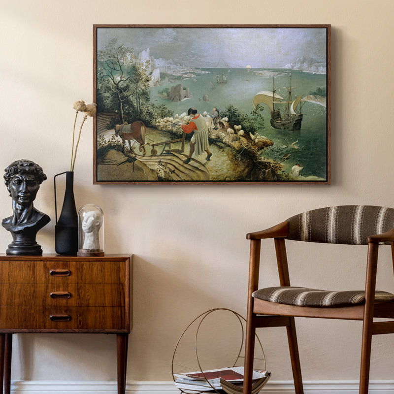 Paysage avec la chute d'Icarus, v. 1560 - Toile tendue avec châssis Peter Bruegel l'Ancien, 24 po x 36 po, Noyer