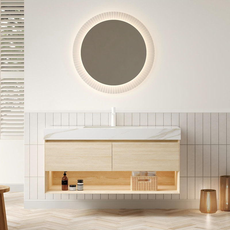 Meuble-lavabo mural 48 po avec lavabo en céramique incrusté, lumière à capteur DEL, tiroirs et tablette, plateau en pierre frittée texturée Traver