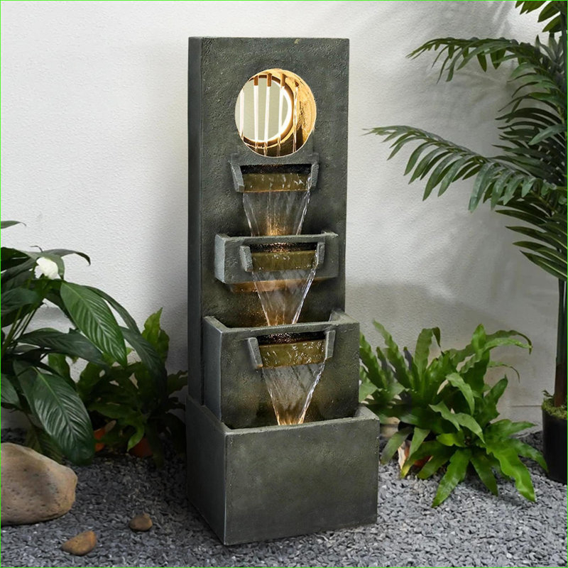 Fountains Modern 4-Tier 39.3" Outdoor Waterfall Fountain w/ Lights Pump for Garden Balcony | Resin | Tiered Waterfall Fountain