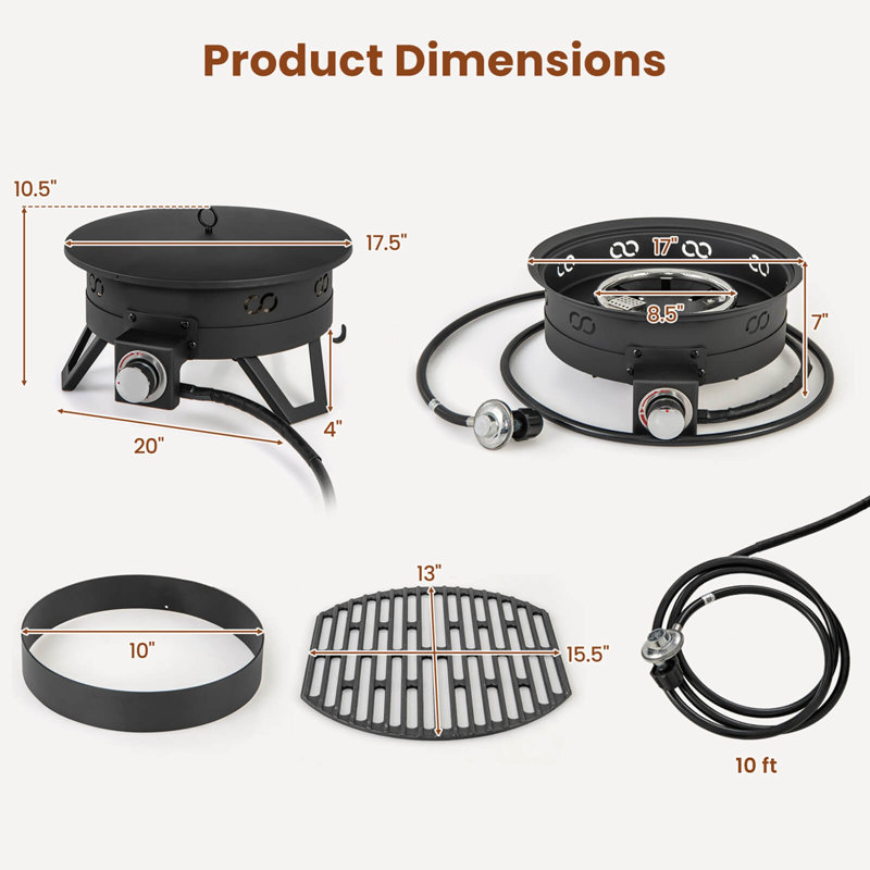 Foyer portatif au gaz 17 po avec pieds pliables et sac de transport amovible pour barbecue