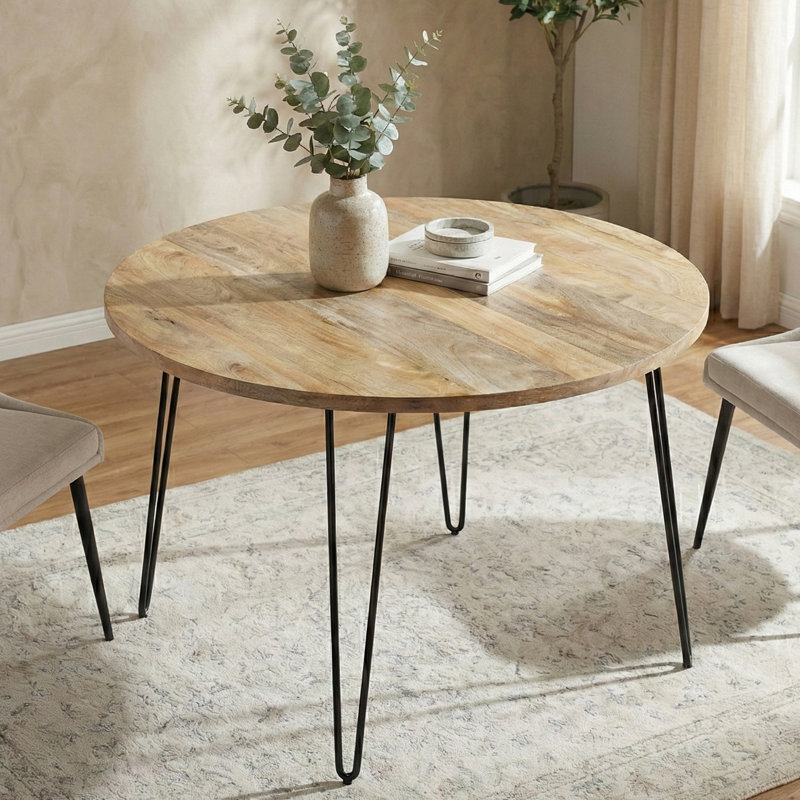 Hunter 45"W Solid Mango Wood Round Dining Table, Industrial Style with Iron Legs, Seats 4