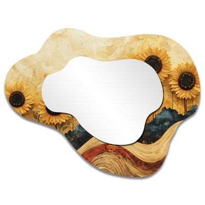Sunflowers Field On A Top Of Wooden River I - Sunflowers Asymmetrical Wall Mirror, Traditional Vanity Mirror, Printed on Metal