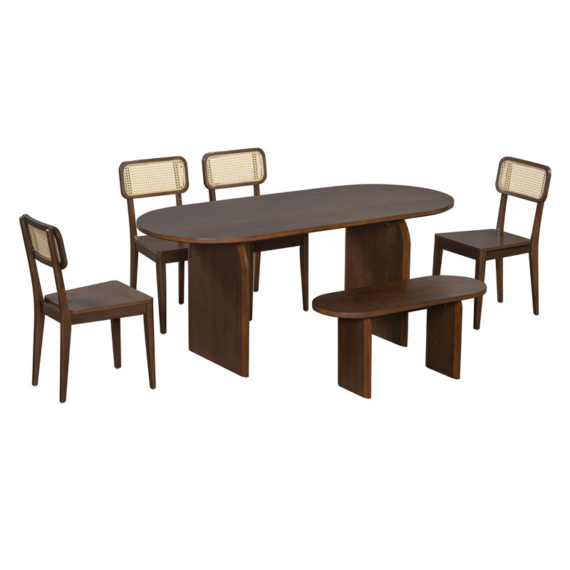 6-Piece Oval Dining Table Set with a Bench and 4 Rattan-back Chairs, Brown
