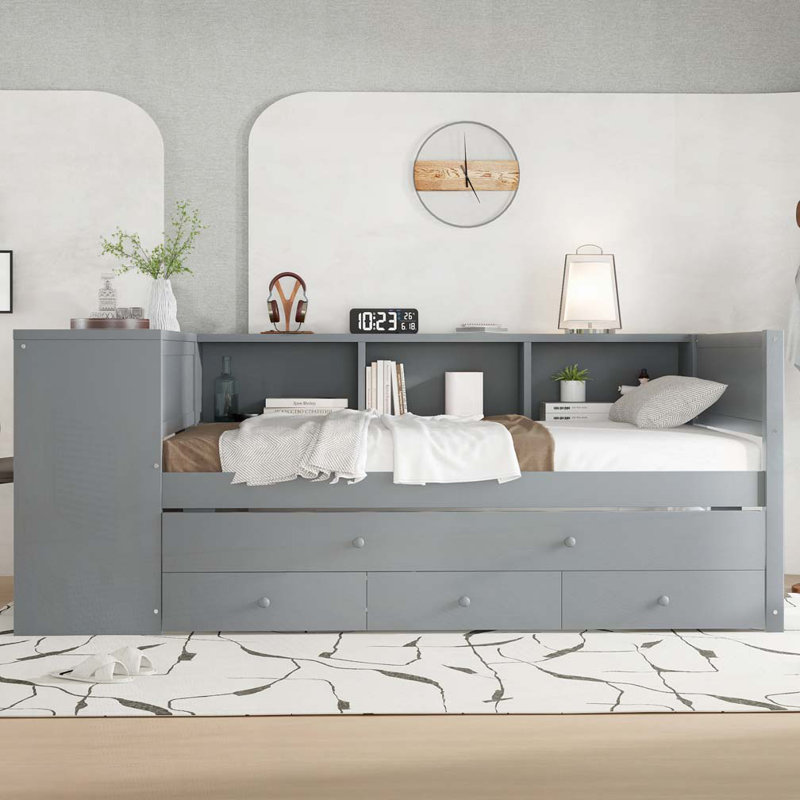 Lit de jour en bois avec couchette, tiroirs de rangement et tablettes latérales, Lit simple, Gris