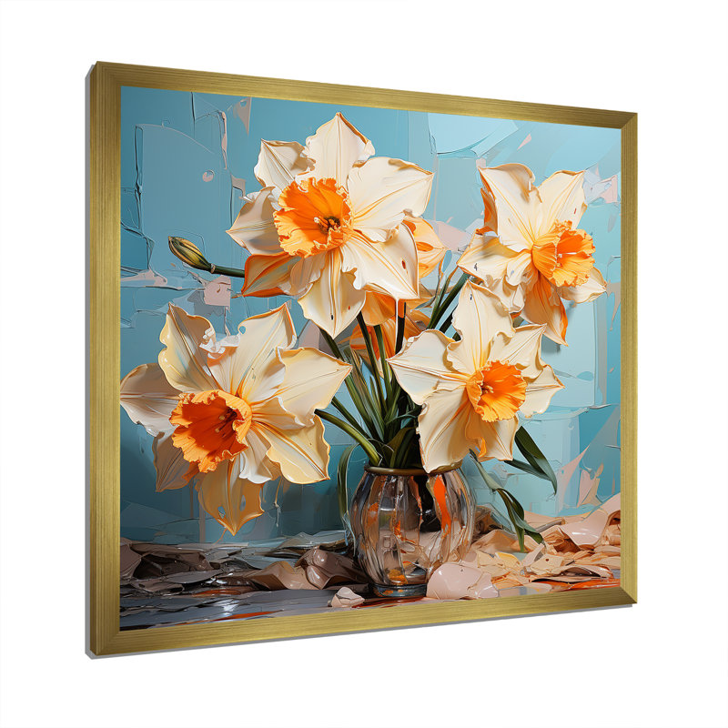 Jonquilles fleuries avec un pinceau féroce, Cadre doré simple, H 36 po x l 36 po x P 1,5 po
