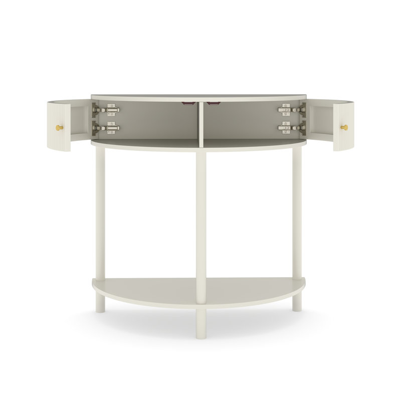 Artisan-Crafted Wave-Pattern Demi-Lune Console Table with Creamy White Finish,Unique Half Moon Design End Table with 2 Storage Drawers and Bottom Shelf for Living room, Bedroom, Study, Hallway