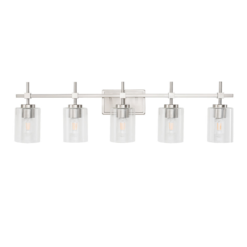 Applique murale de salle de bain moderne à intensité variable avec abat-jour nervuré Aviara Lights, Nickel poli, Verre strié