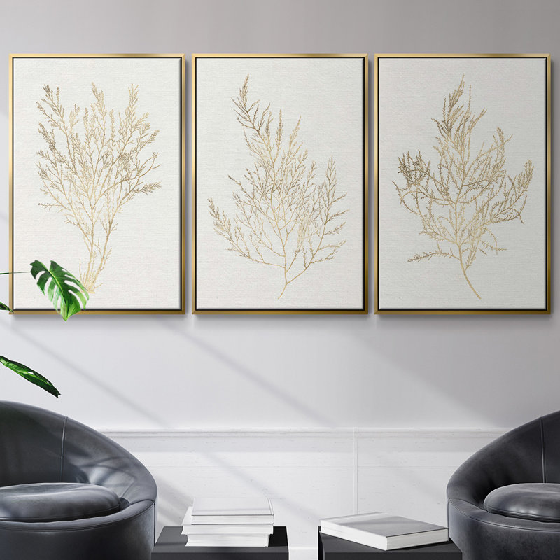 Coral Blockprint I - Ensemble de 3 reproductions de cadres photo sur toile, Or, H 40 po x l 78 po