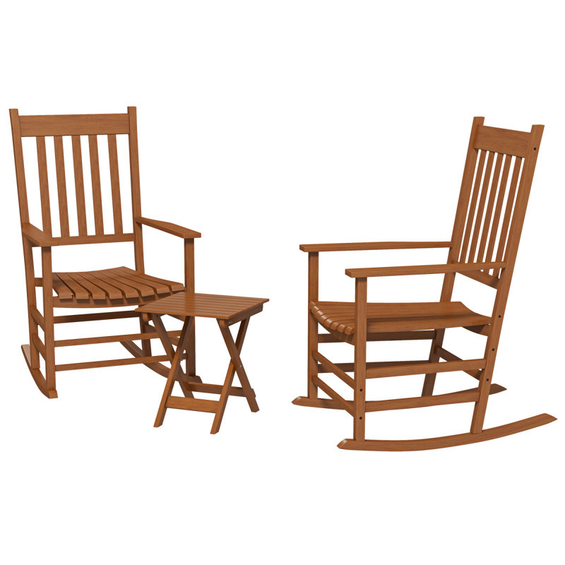Outsunny Outdoor Rocking Chair Set Of 2 With Side Table, Patio Wooden Rocking Chair With Smooth Armrests, High Back For Garden, Balcony, Porch, Supports Up To 352 Lbs., Teak