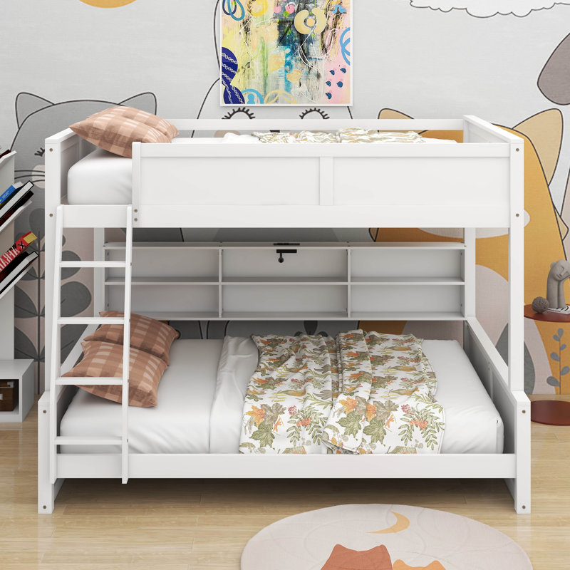 Lit double superposé au-dessus de grand lit double avec armoires de rangement et port USB, Blanc antique