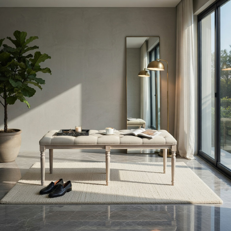 Banc de hall d'entrée rembourré beige - structure en bois d'hévéa massif de 47,5 pouces avec tissu en lin et coussin en mousse haute densité, pieds sculptés rétro, capacité de 440 lb