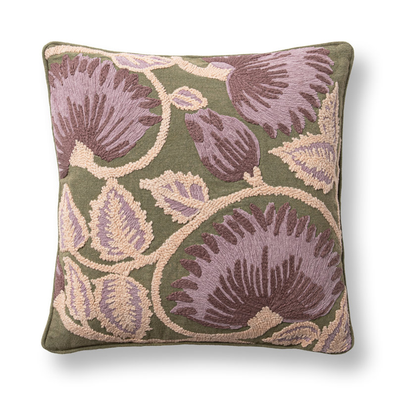 Folly Linen Fabric Hand Embroidered Throw Pillow, Olive Green