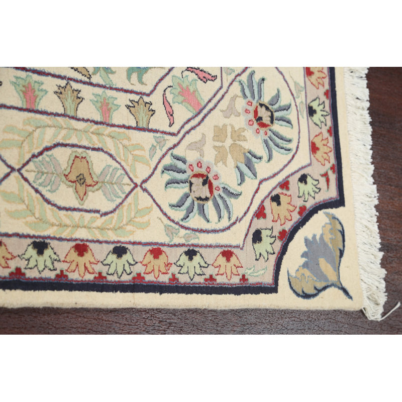 Tapis ivoire en laine noué à la main de conception unique 6 pi 2 po x 9 pi 4 po