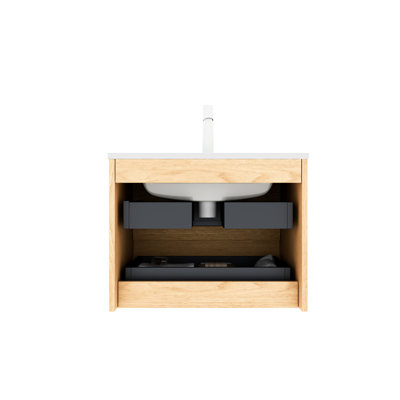 Meuble-lavabo de salle de bain avec lavabo, armoire en contreplaqué de 24 po, cuve en céramique blanche, fini chêne brillant, tiroirs, meuble-lavabo avec méthode d'assemblage simple, qualité de l'armoire, montage facile