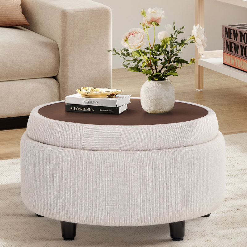 Pouf de rangement rond en tissu COLAMY avec couvercle plateau réversible pour table, Beige