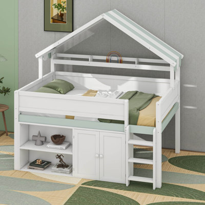 Lit mezzanine double avec toit à baldaquin et armoire de rangement