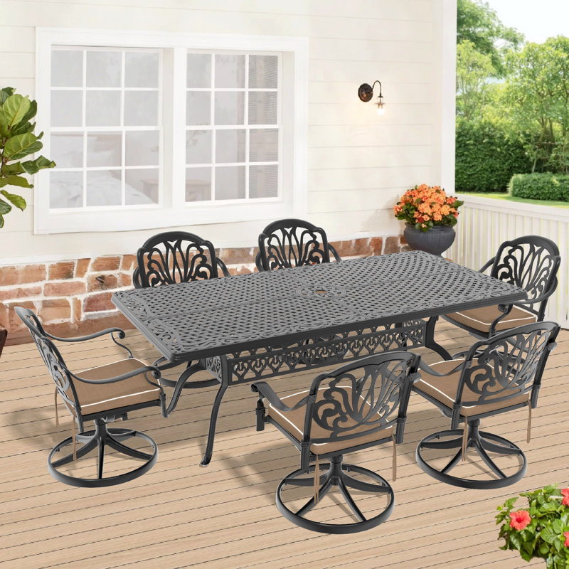 Ensemble de salle à manger 7 pièces en fonte d'aluminium toutes saisons, comprenant 6 chaises pivotantes et une table rectangulaire avec cadre noir
