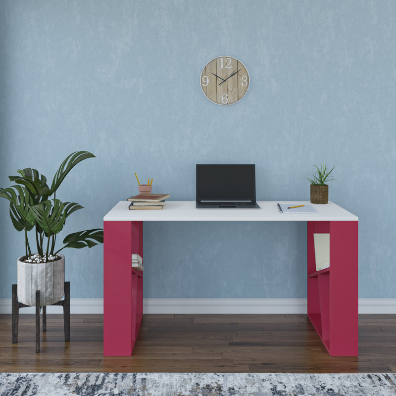 Adalard 2 Tier Modern Desk, White/Burgundy