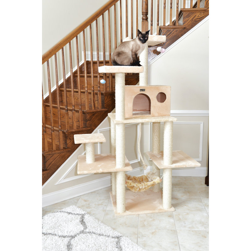 Beige Faux Fur Multi-Level Cat Tree with Sisal Posts