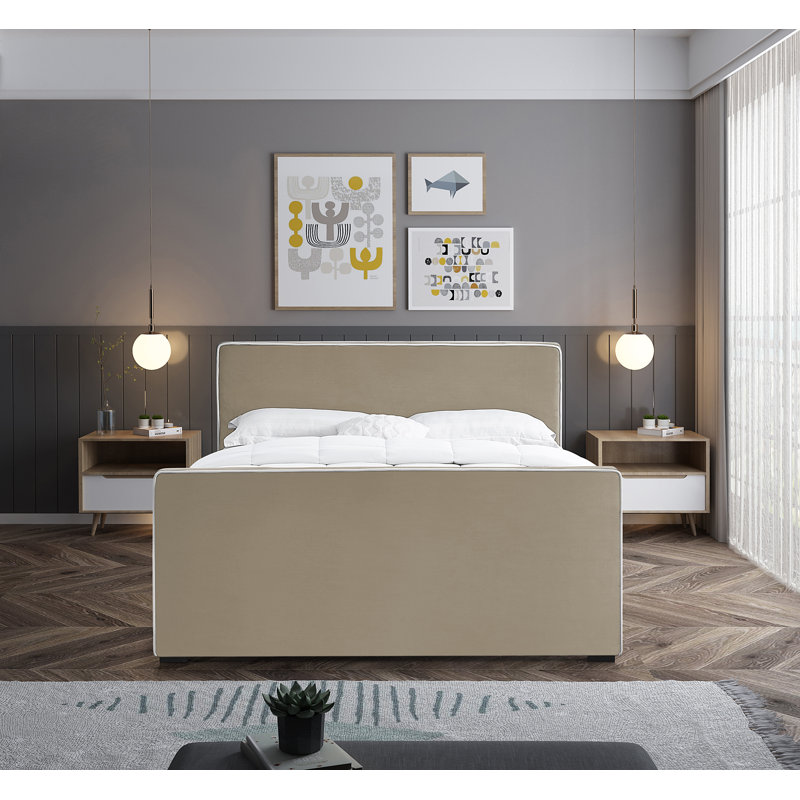Haneesh Upholstered Unfinished Panel Bed, Queen, Beige Velvet