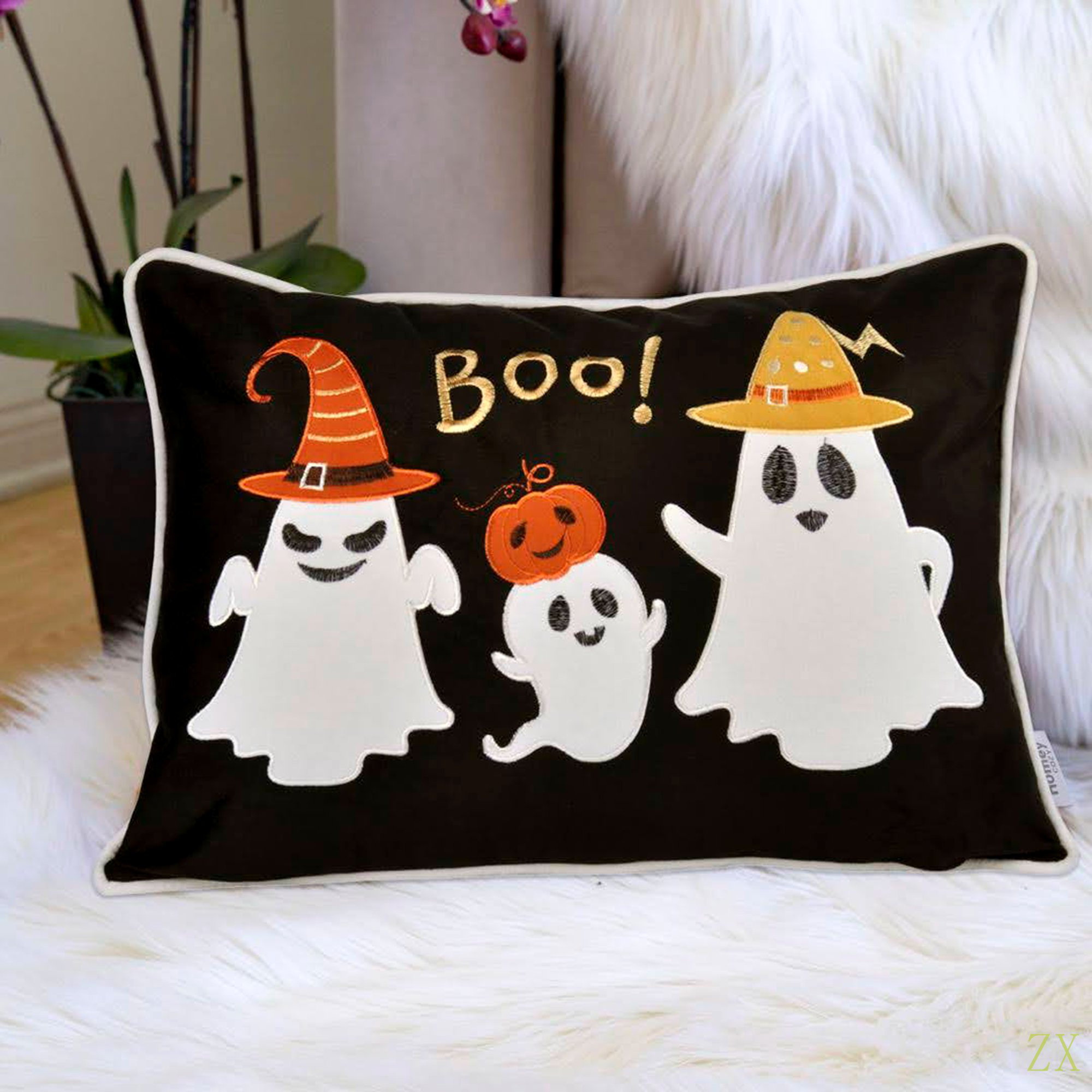 The Holiday Aisle® Halloween Boo Ghost Velvet Throw Pillow | Wayfair