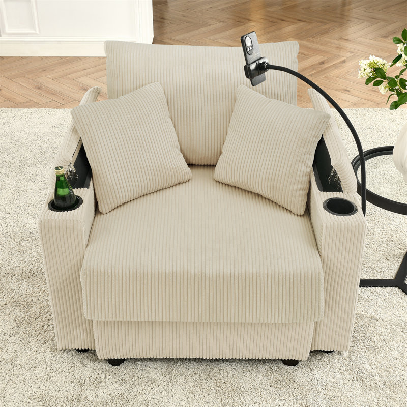 Fauteuil d'appoint avec accoudoirs de rangement Degnan, Velours côtelé beige
