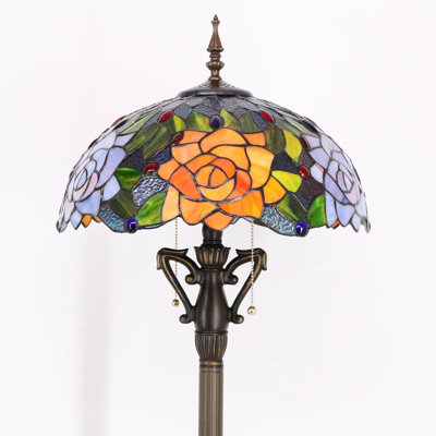 Tiffany Stained Glass Floor Lamp - 66" Antique Bronze Pole With 16" Multicolor Rose Shade For Bedroom/Living Room