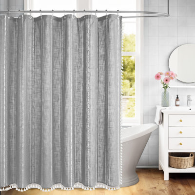 Linen Textured Striped Shower Curtain Tassels With Shower Hooks