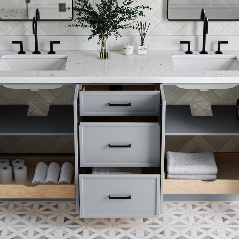 ARIEL Kelly 73 Double Sink Bathroom Vanity with Pure Quartz Top, Gray, Rectangular, Carrara White Quartz