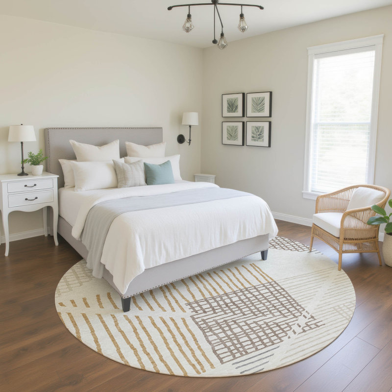 Premium Machine Washable Mayfield AMF2270 Striped Rug, Ivory, 8' Round