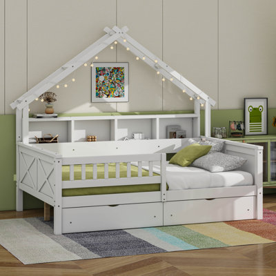 Wood Full Size House Platform Beds With LED, Storage Shelves, Drawers And Guardrail