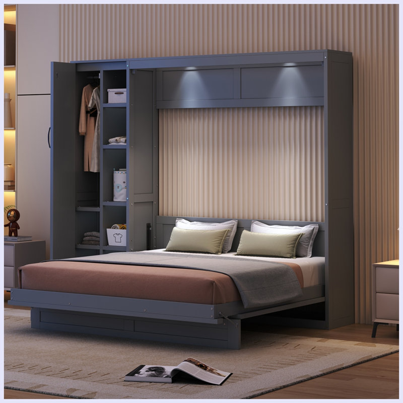Lit escamotable moderne avec tablettes murales, Gris, Grand