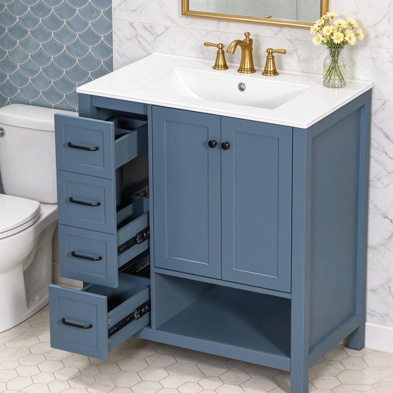 Meuble-lavabo 30 po avec comptoir en céramique, 2 tiroirs et tablette ouverte, Blue Grey