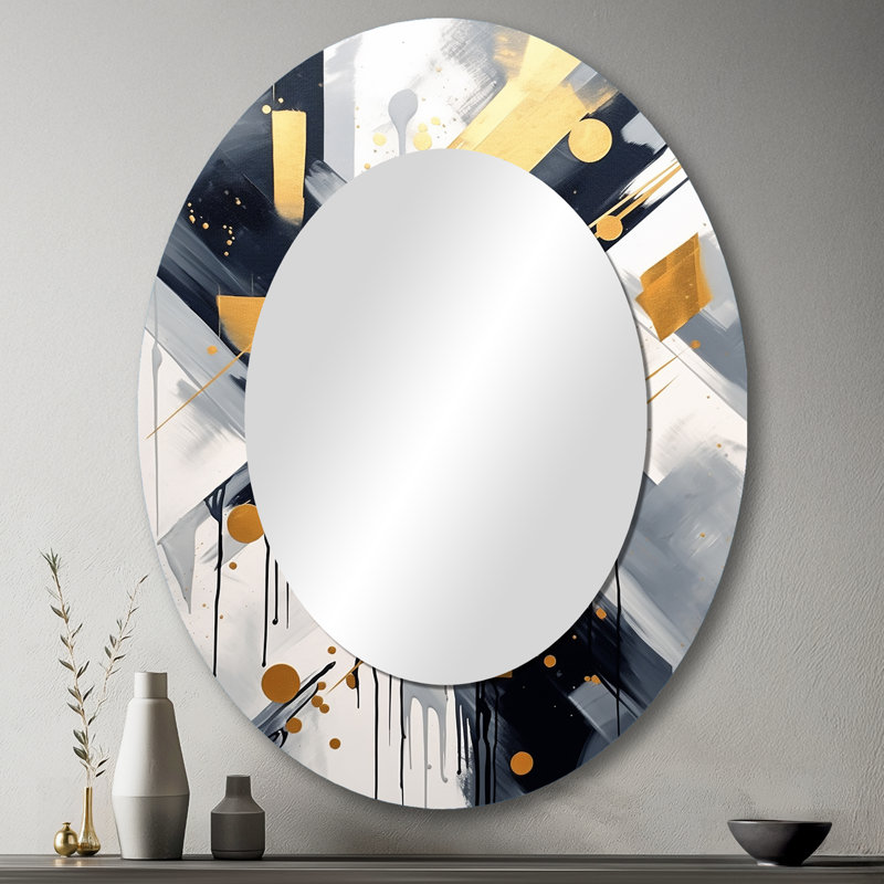 Black And Gold Depth Corner VI - Abstract Oval Decorative Mirror On Metal, 43" x 33"