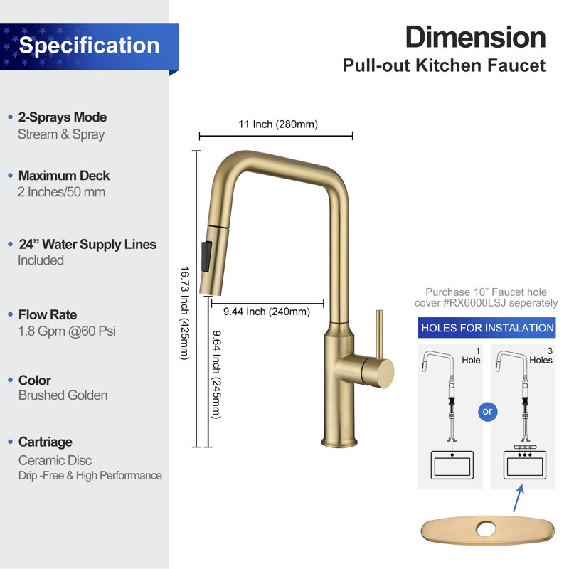 Rainlex Pull Down Kitchen Faucet, Brushed Gold