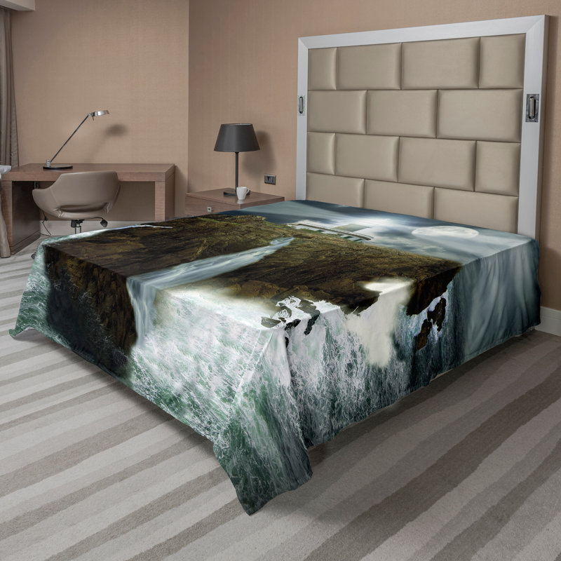 Drap plat Ambesonne Island, gris et blanc, Drap plat pour très grand lit californien