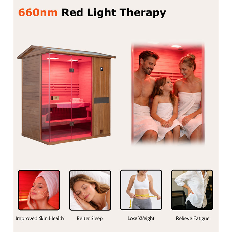 Samsora Outdoor Traditional Steam Sauna For 3-Person 3800W, Mid-Infrared Lamp, 95℉-230℉, Mahogany Wood, Built-In Bluetooth Speaker, Includes Sauna Heater and Sauna Stone, Negative Ion Board