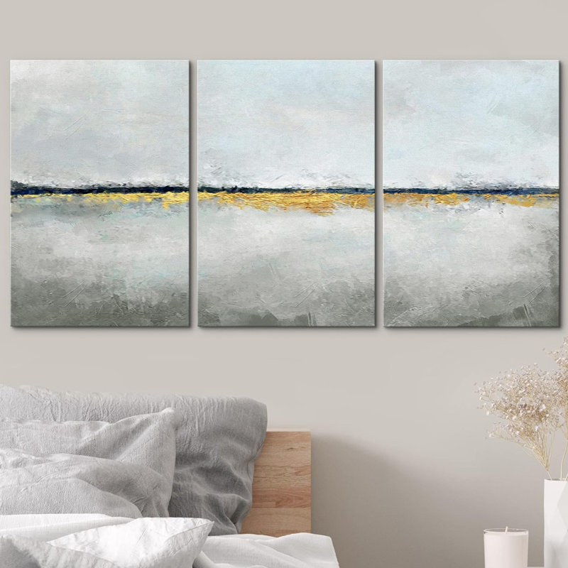 «Minimal Landscape Minimal Pastel Blue Gold Paint Landscape Abstract Shapes Modern Art Decor on Canvas», reproduction de 3 pièces