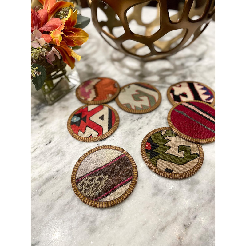 Handmade Multicolor Wool Kilim Coaster Set with Vinyl Backing