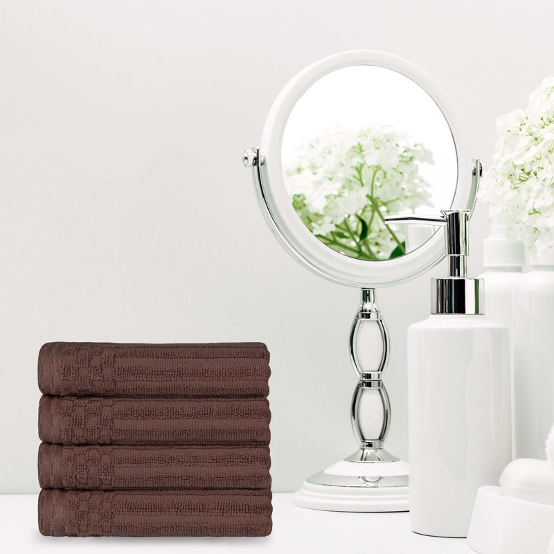 Kleiman Cotton Highly Absorbent Solid and Checkered Border Hand Towel Set, Brown