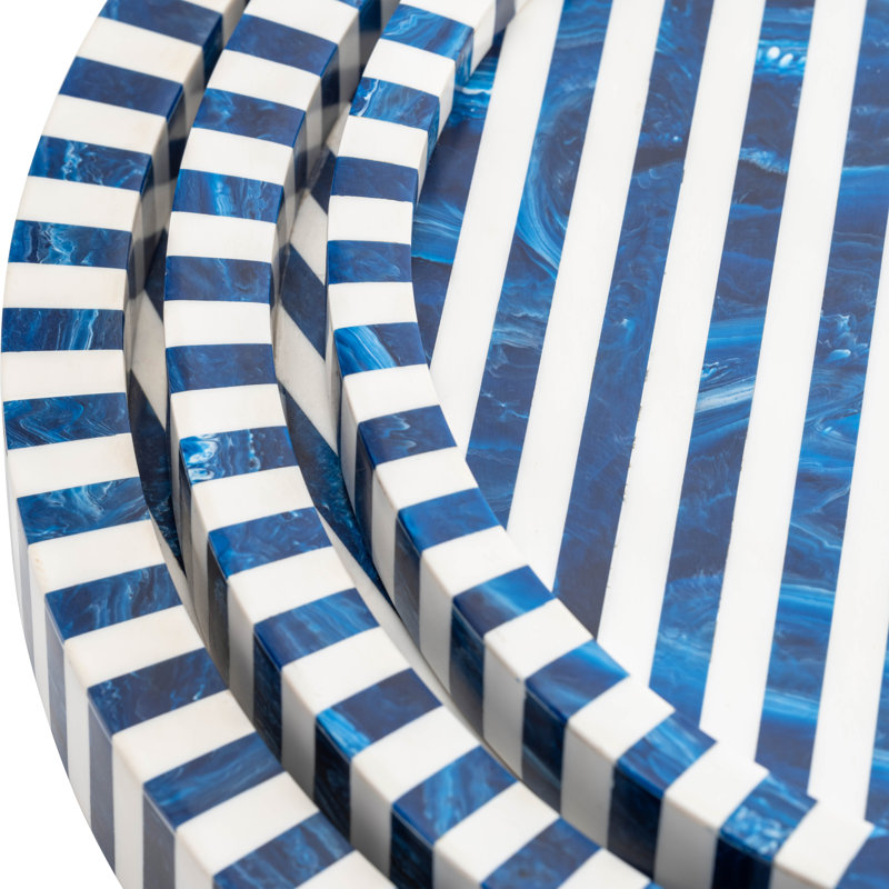 Coastal Resin & Wood Decorative Trays - Blue Striped Design - 16" 14" & 12" Round Nesting Display - Home & Office Decor Set of 3