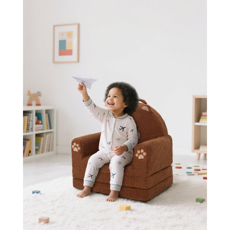 Sherpa Bear Kids Foldable Convertible Sofa, 2-in-1 Soft Flip-Out Lounger Chair with Removable Washable Cover for Nursery & Playroom