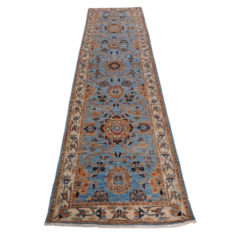 Hand Knotted Wool Area Rug in Blue And Beige