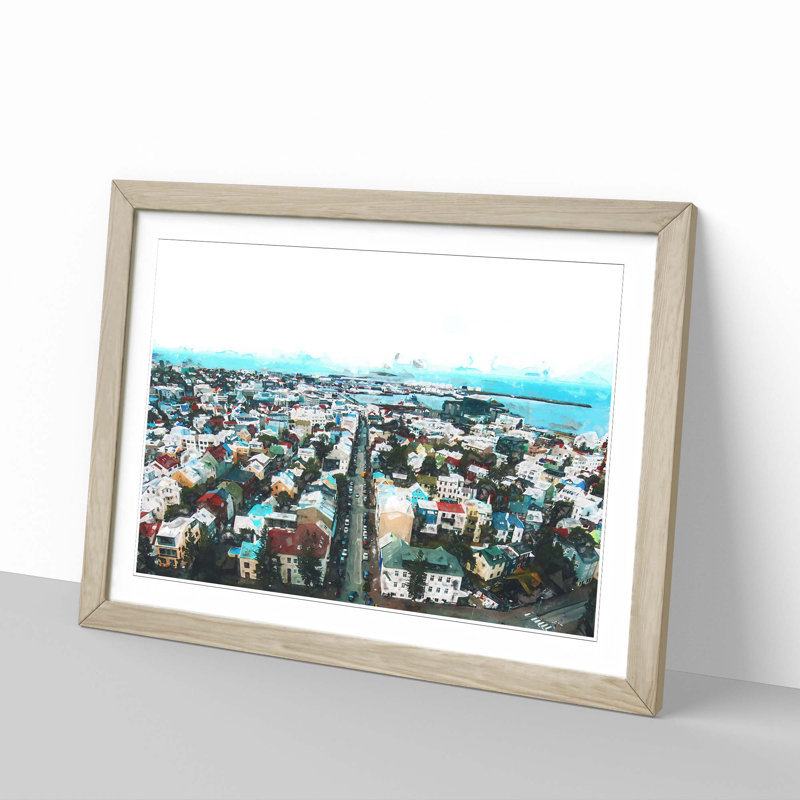 View of Reykjavik in Iceland in Abstract - Picture Frame Graphic Art Print, 40cm H x 60cm W x 2cm D, Oak