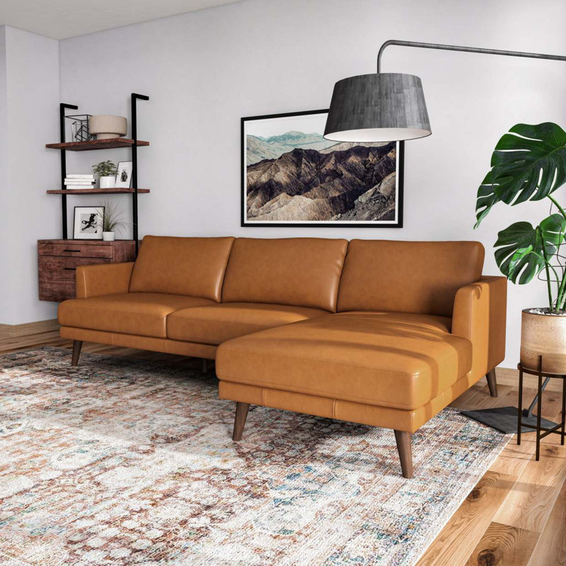 Canapé modulaire en cuir véritable Lore brun clair faisant face à la droite
