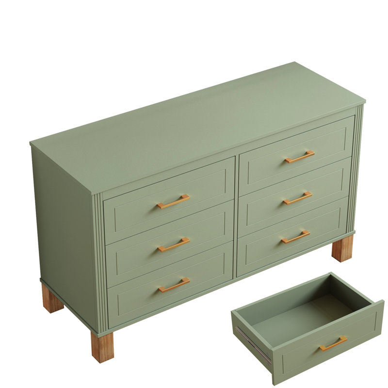 6-Drawer Double Dresser, Modern Storage Cabinet with Metal Handles & Solid Wood Legs, Sage Green