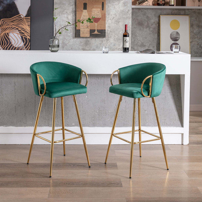 Dardar Stools, with Chrome Footrest and Base /Golden Leg Simple Stool, Green, Counter Stool (26" Seat Height)