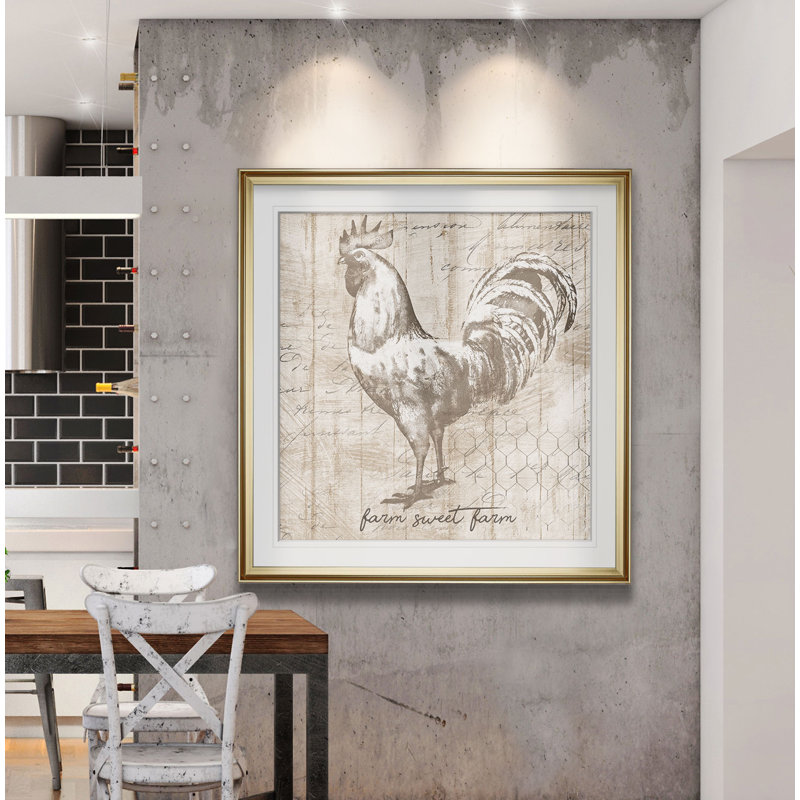 « farm coq », peinture, H 16 po x l 16 po x P 2 po, Cadre doré