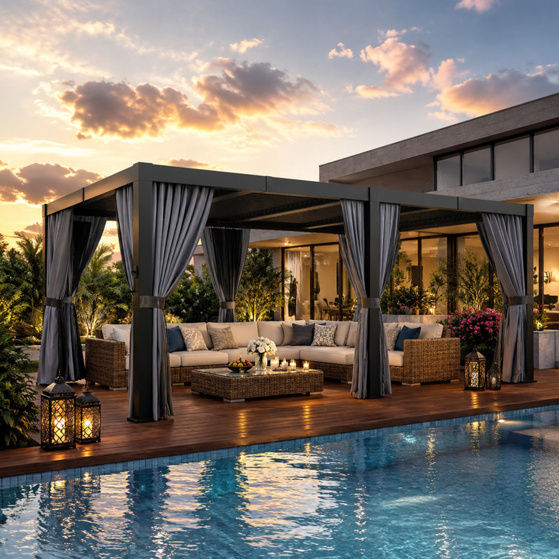 Pergola extérieure en aluminium de 6 m x 3,6 m avec toit à lames orientables, système de gouttières intégré, moustiquaire et rideaux