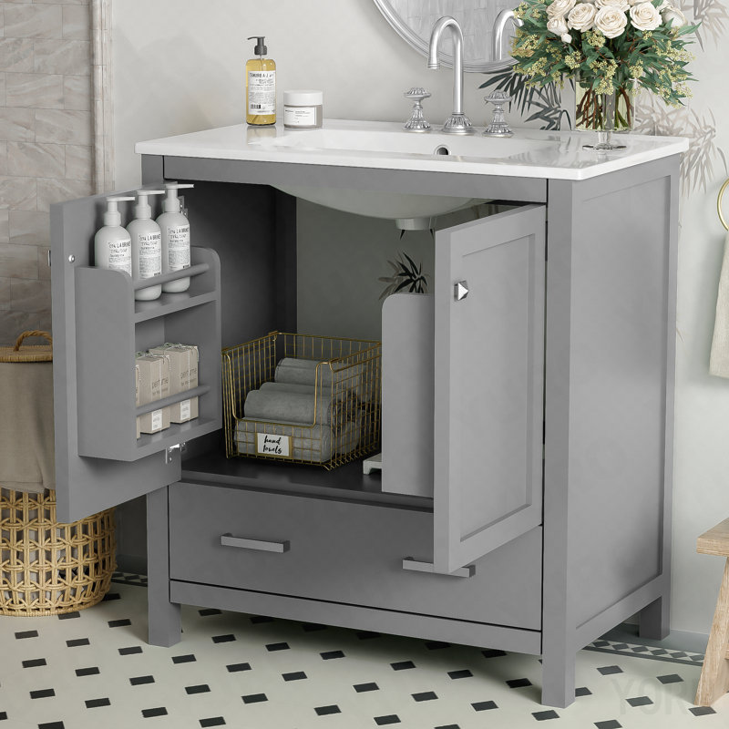 Meuble-lavabo gris de 30 po avec lavabo simple, meuble-lavabo sous-comptoir, armoire de rangement avec 2 portes et un tiroir, fermeture en douceur, rangement multifonctionnel, structure en bois massif